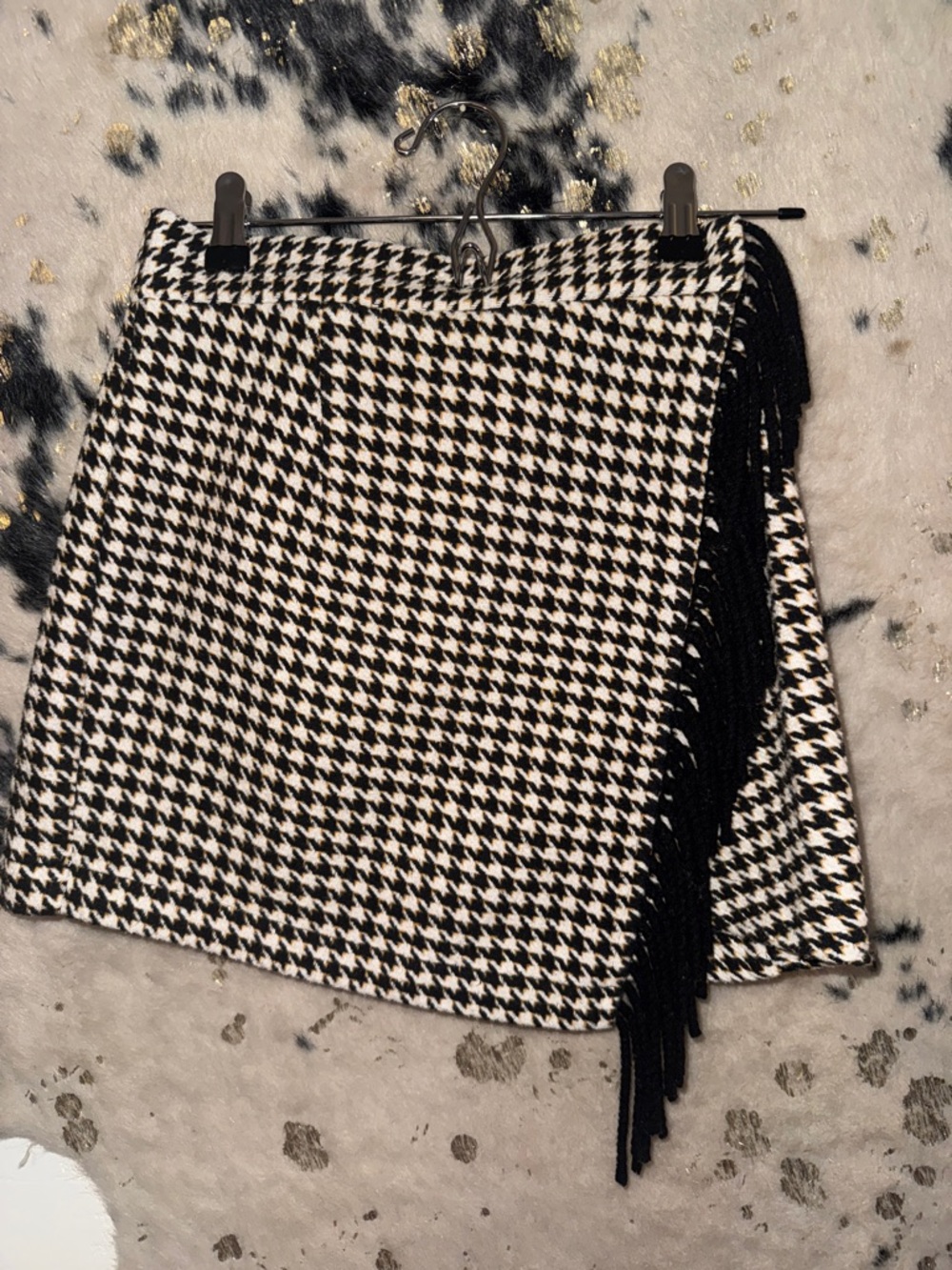 Black & White Houndstooth Fringe Mini Skirt